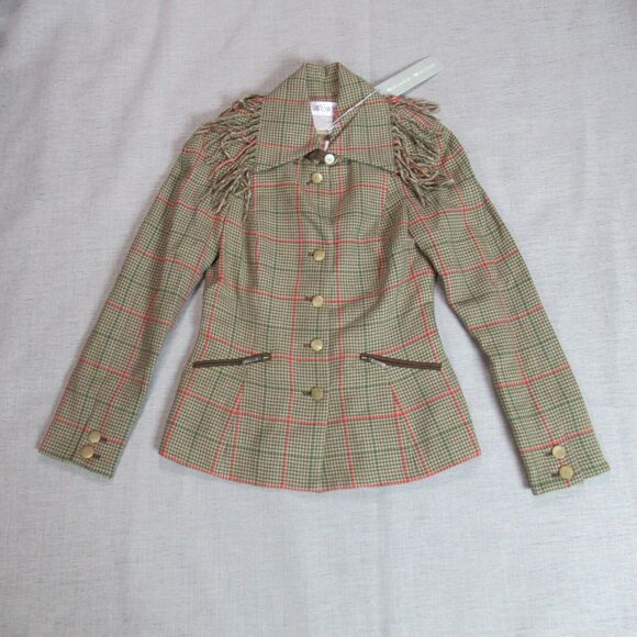Vtg WORTH Jacket Womens Size 0 Brown Llama Fringed Plaid 100% Wool Blazer NWT - Picture 1 of 12